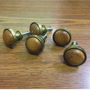 5 Domed 1" Round Rustic Wood Brass Knobs Cabinet Drawer
